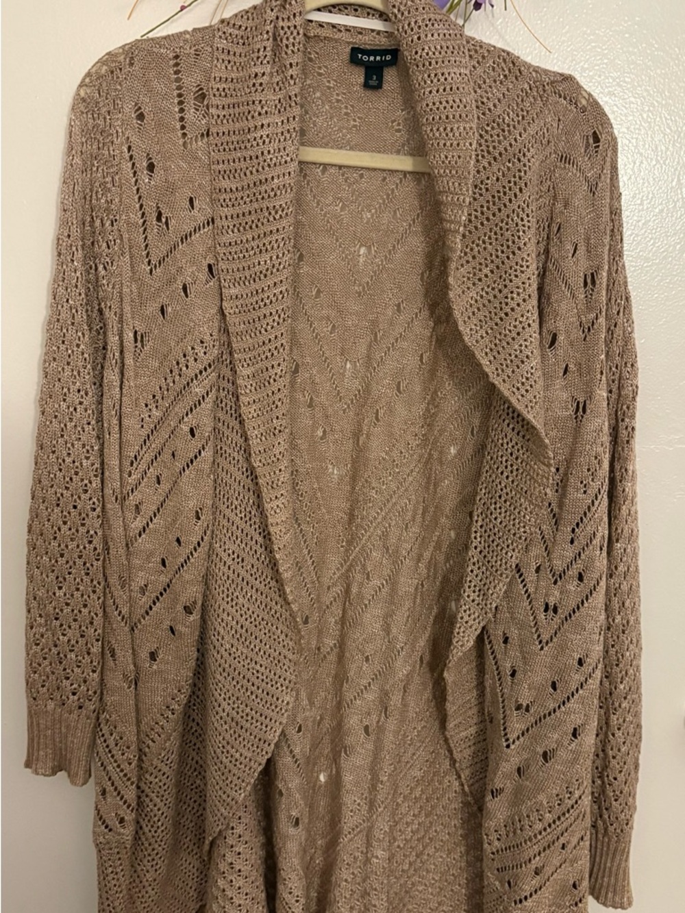torrid taupe open-front crochet draped cardigan